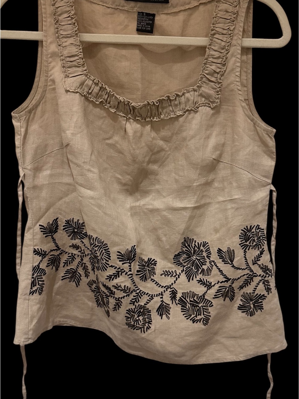 Embroidered Linen Blend Tank Top - Beige with Black Floral Detail Size S